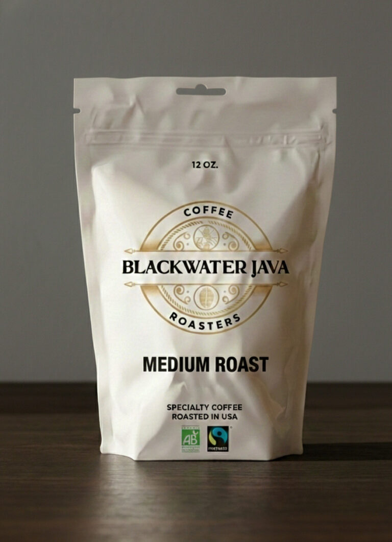White 12 oz Blackwater Java Roasters coffee bag labeled Medium Roast with circular gold emblem and bold black typography