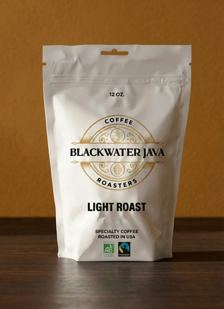 White coffee bag labeled Blackwater Java Light Roast, roasted in USA